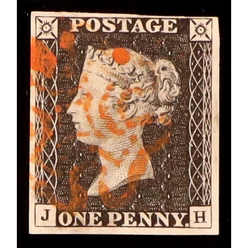 1961 - GB.PENNY BLACKS 1840 1d black 'JH' plate 2, SG 2, used with 4 margins & red MC cancellation. Lot 196... 