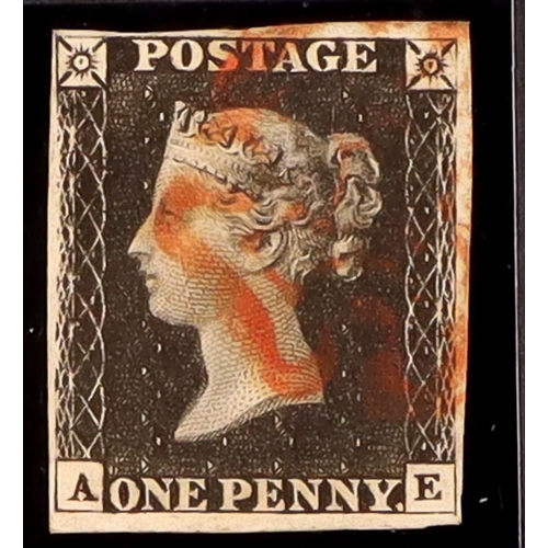 1963 - GB.PENNY BLACKS 1840 1d black 'AE' plate 5, SG 2, used with 4 margins & red MC cancellation, thinned... 