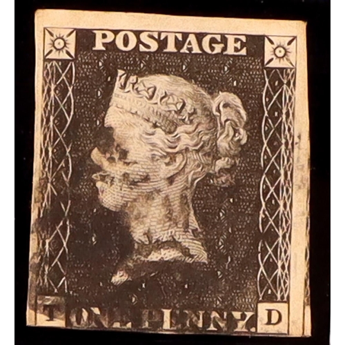 1964 - GB.PENNY BLACKS 1840 1d black 'TD' plate 10, SG 2, used with 3 margins & black MC, small thin. Cat £... 