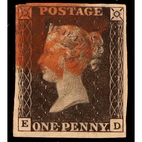 1965 - GB.PENNY BLACKS 1840 1d black 'ED' plate 8, SG 2, used with 4 margins & red MC cancellation. Lot 196... 