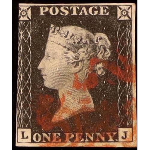 1967 - GB.PENNY BLACKS 1840 1d black 'LJ' plate 2, SG 2, used with 3 margins & red MC cancellation leaving ... 