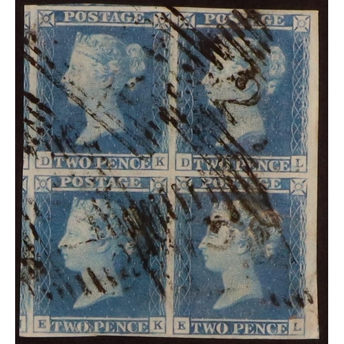 2074 - GB.QUEEN VICTORIA 1841 2d pale blue imperf plate 3 'DK-EL' block of four with good / huge margins, S... 