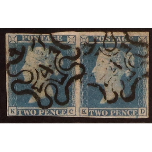 2075 - GB.QUEEN VICTORIA 1841 2d pale blue imperf plate 3 'KC-KD' pair, each with '4' in Maltese Cross canc... 