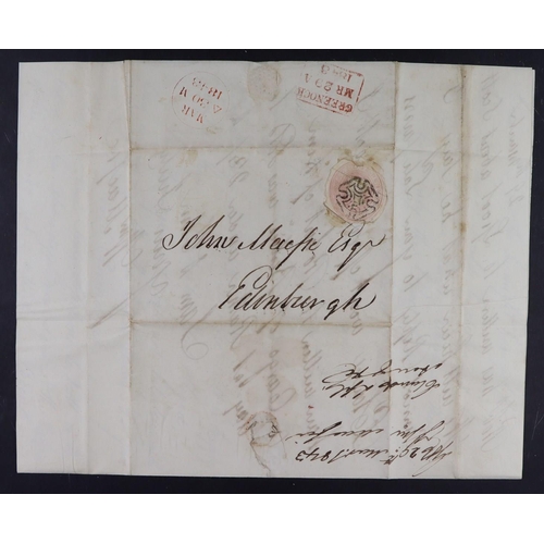 2086 - GB.QUEEN VICTORIA 1843 (29 Mar) EL from Greenock to Edinburgh bearing a 1d pink postal stationery cu... 