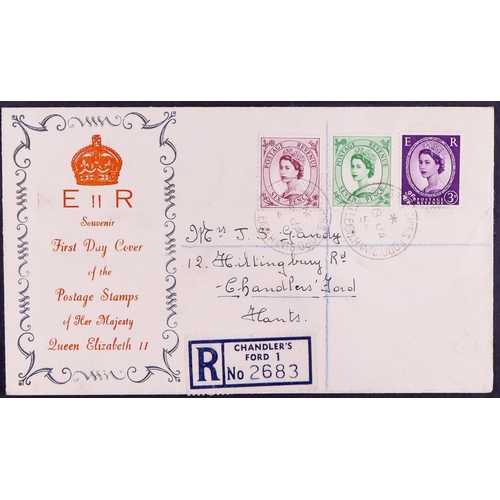 2534 - GB.FIRST DAY COVERS 1954 (18 Jan) 3d, 6d and 7d Wildings on registered illustrated cover. Clean. Lot... 