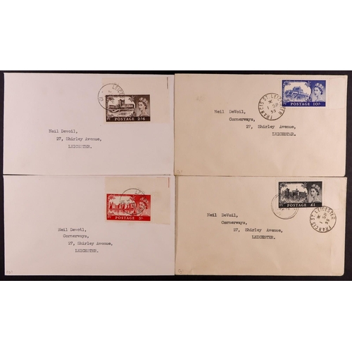 2535 - GB.FIRST DAY COVERS 1955 (1 Sept / 23 Sept) Castle high values set on 4 matching typed addressed env... 