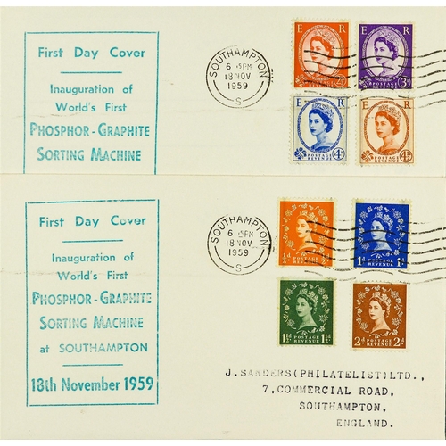 2536 - GB.FIRST DAY COVERS 1959 (18 Nov) Phosphor Graphite Experimental Issue set of 8 across a pair of cac... 