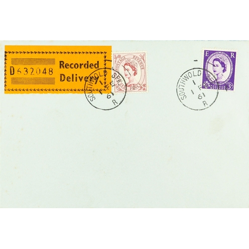 2540 - GB.FIRST DAY COVERS 1961 (1 Feb) introduction of Recorded delivery label tied alongside 6d (the fee)... 