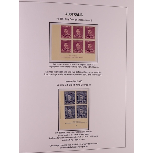 339 - AUSTRALIA 1937 - 1952 SPECIALISED DEFINITIVE ISSUES COLLECTION in Davo album displayed and annotated... 