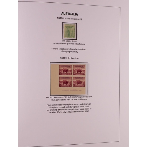 339 - AUSTRALIA 1937 - 1952 SPECIALISED DEFINITIVE ISSUES COLLECTION in Davo album displayed and annotated... 