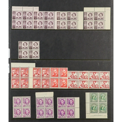 341 - AUSTRALIA 1937-1951 BLOCKS OF FOUR NEVER HINGED MINT COLLECTION on stock pages, includes 1937-49 bot... 