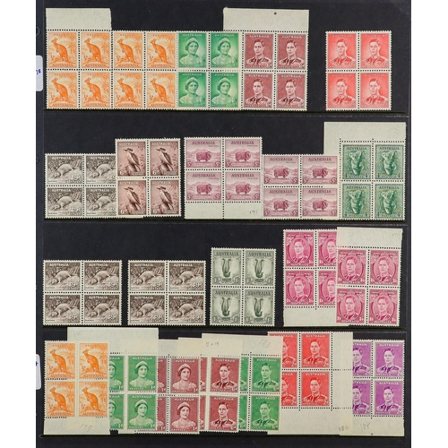 341 - AUSTRALIA 1937-1951 BLOCKS OF FOUR NEVER HINGED MINT COLLECTION on stock pages, includes 1937-49 bot... 