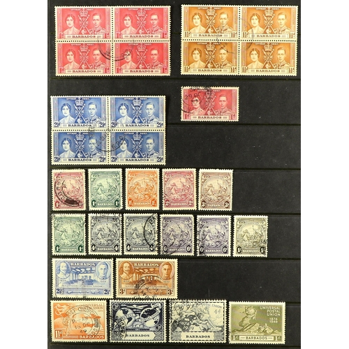 395 - BARBADOS 1858 - 1953 USED ASSEMBLY of around 100 stamps includes 1858 6d (x2, both 4 margins), 1860 ... 