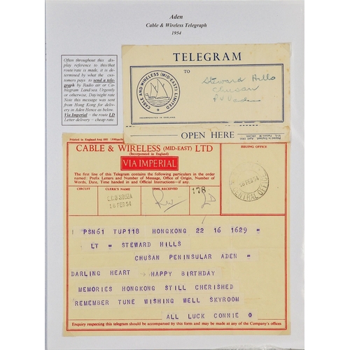 93 - TELEGRAPH STAMPS, FORMS, CANCELLATIONS a well-researched collection on exhibition- style pages, in a... 