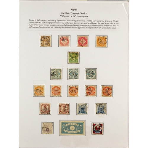 93 - TELEGRAPH STAMPS, FORMS, CANCELLATIONS a well-researched collection on exhibition- style pages, in a... 