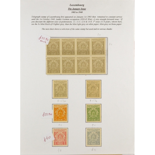 93 - TELEGRAPH STAMPS, FORMS, CANCELLATIONS a well-researched collection on exhibition- style pages, in a... 