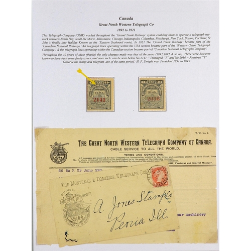 93 - TELEGRAPH STAMPS, FORMS, CANCELLATIONS a well-researched collection on exhibition- style pages, in a... 