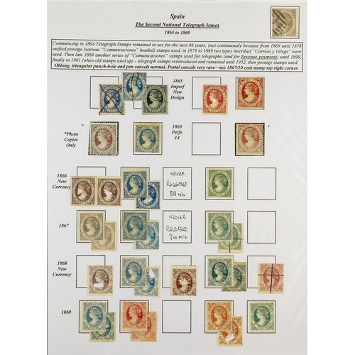 93 - TELEGRAPH STAMPS, FORMS, CANCELLATIONS a well-researched collection on exhibition- style pages, in a... 