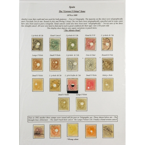 93 - TELEGRAPH STAMPS, FORMS, CANCELLATIONS a well-researched collection on exhibition- style pages, in a... 