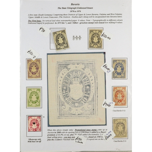 93 - TELEGRAPH STAMPS, FORMS, CANCELLATIONS a well-researched collection on exhibition- style pages, in a... 