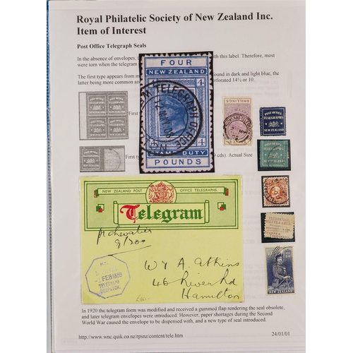 93 - TELEGRAPH STAMPS, FORMS, CANCELLATIONS a well-researched collection on exhibition- style pages, in a... 