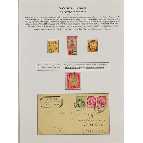 93 - TELEGRAPH STAMPS, FORMS, CANCELLATIONS a well-researched collection on exhibition- style pages, in a... 