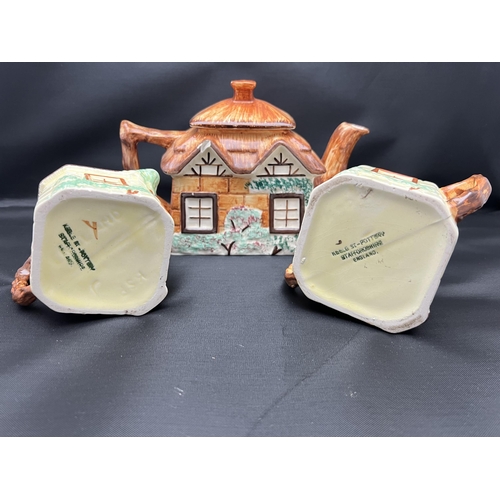 65 - 3 Piece Keele Street Pottery cottage set including milk and suger pots.