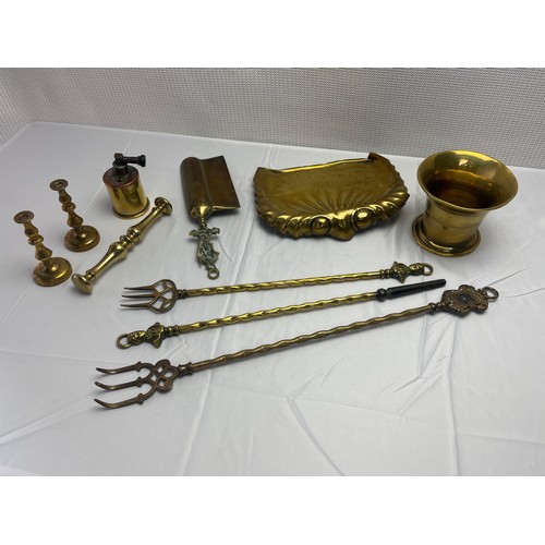 168 - Large collection of Brass Pots, Tools, Candle Holders and more