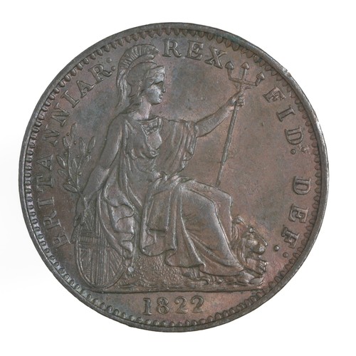 66 - George IV, Farthing. 1822 Leaves with a raised midrib, rather than an incuse one. (S3822). EF with a... 