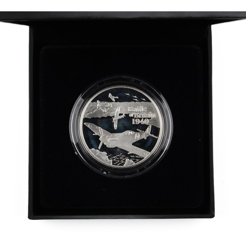 136 - 2010 Alderney Battle of Britain £5 Silver Proof Coin Box FDC.