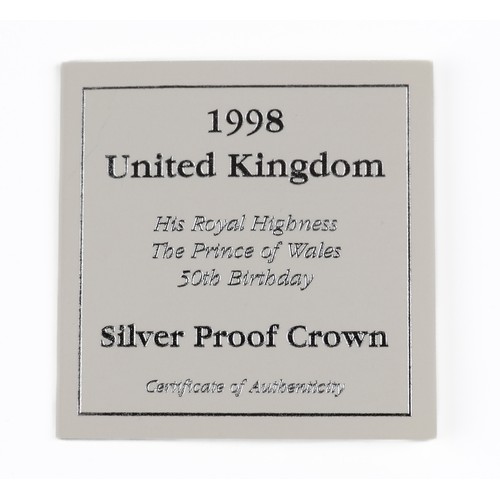 125 - Elizabeth II Silver Proof Crown. 1998. HRH The Prince of Wales 50th Birthday. (S4550) FDC.