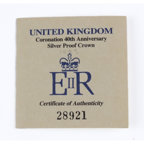 119 - Elizabeth II Silver Proof Crown. 1993. Coronation 40th Anniversary. (S4302) FDC.