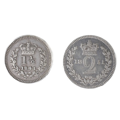 77 - Victoria, Maundy Twopence 1851 - GF (S3919) ; Maundy Threehalfpence 1841 - GF with nice tone (S3920)... 