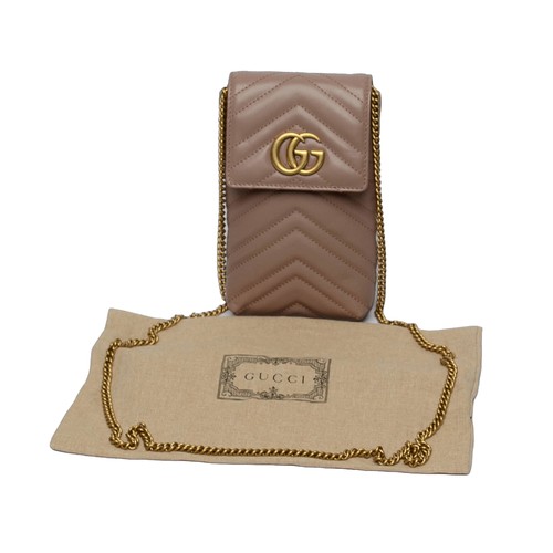 201 - Gucci GG Marmont Matelasse Leather Crossbody Bag Phone Pouch. Taupe with gold chain handle. Pre-love... 