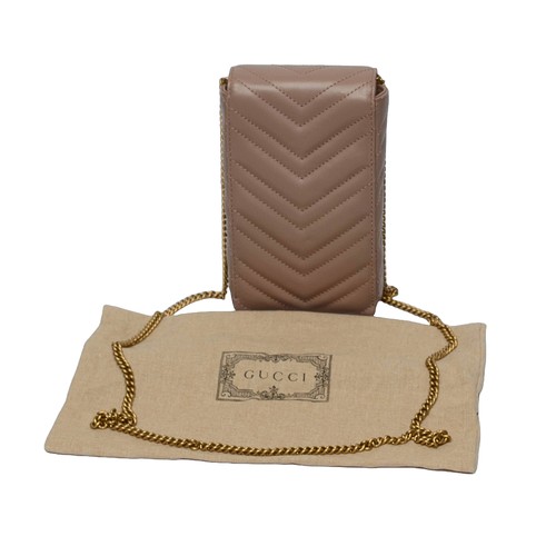 201 - Gucci GG Marmont Matelasse Leather Crossbody Bag Phone Pouch. Taupe with gold chain handle. Pre-love... 