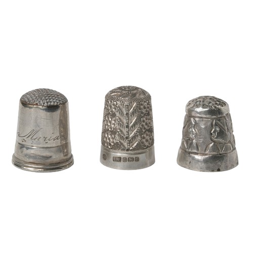 8 - Collection of Three Interesting Thimbles:
1 - 'J.F' makers mark. Very ornate dome and sides depictin... 