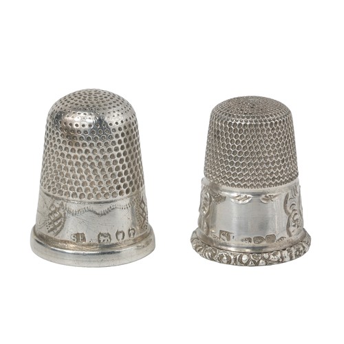 17 - Two Chester Assayed Silver Thimbles:
1 - Marked 'SP'. Punched top with decorative band.
2 - Marked '... 