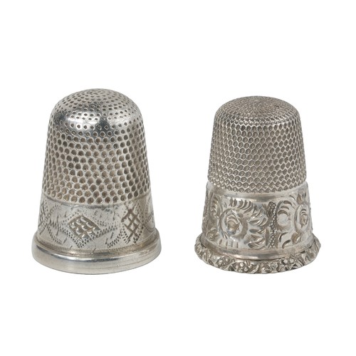 17 - Two Chester Assayed Silver Thimbles:
1 - Marked 'SP'. Punched top with decorative band.
2 - Marked '... 