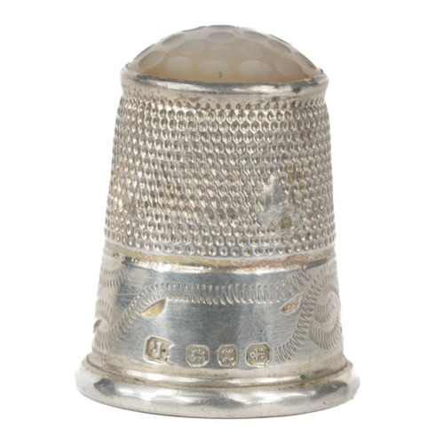 30 - Sterling Silver Thimble Stamped 'JS' with Moonstone Top. Birmingham 1897. Punched sides with ornate ... 