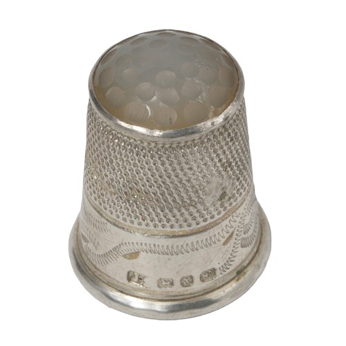 30 - Sterling Silver Thimble Stamped 'JS' with Moonstone Top. Birmingham 1897. Punched sides with ornate ... 