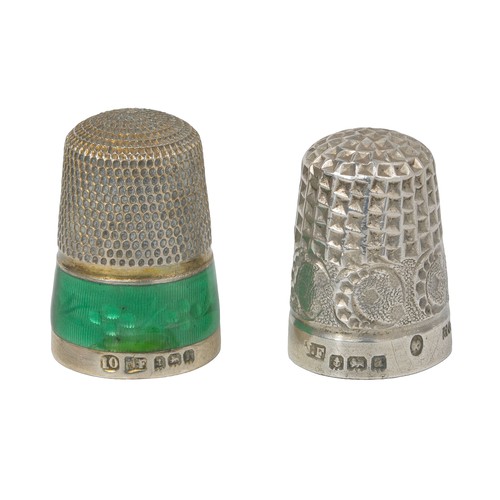 37 - Two James Fenton Sterling Silver Thimbles:
1 - Birmingham 1923. Punched top with green decorative ba... 