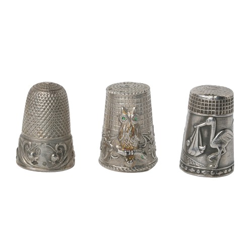 46 - Collection of Three Interesting Thimbles:
1 - Imported, possibly Portuguese. Decorated with scene of... 