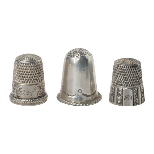 55 - Collection of Three Interesting American Thimbles:
1 - Scenic band of road, mountains, trees and hou... 