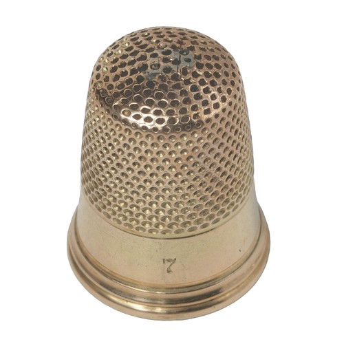 56 - 14K Gold Carter & Co Thimble. Punched with plain band.  Arrowhead mark of Carter & Co and '14K' in d... 