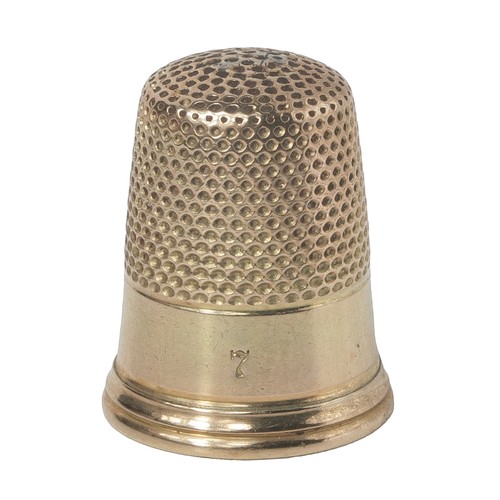 56 - 14K Gold Carter & Co Thimble. Punched with plain band.  Arrowhead mark of Carter & Co and '14K' in d... 