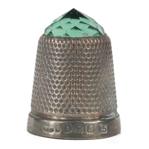 63 - Henry Griffiths & Sons Sterling Silver Thimble with Green Stone Top. Birmingham 1926