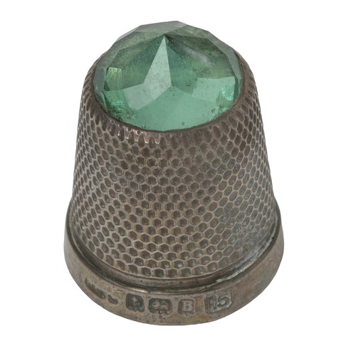 63 - Henry Griffiths & Sons Sterling Silver Thimble with Green Stone Top. Birmingham 1926