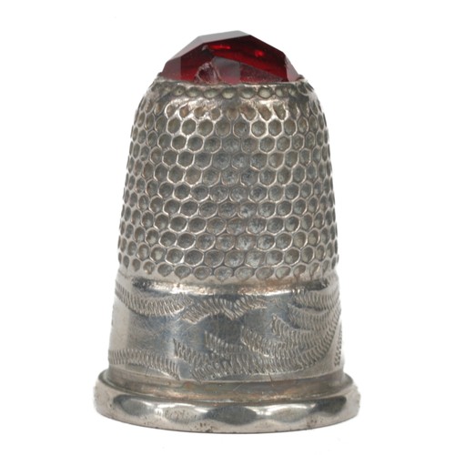 65 - Charles Horner Sterling Silver Thimble with a Red Stone Dome. Chester 1902.