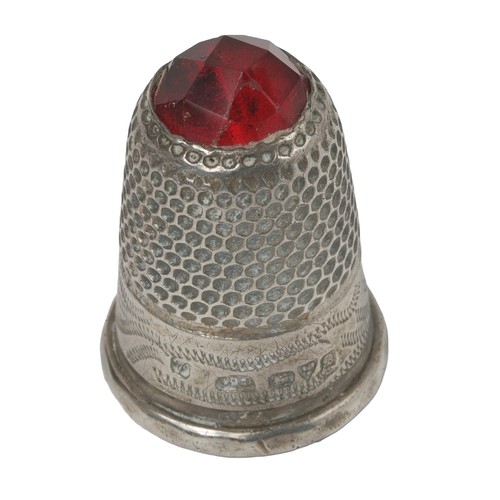 65 - Charles Horner Sterling Silver Thimble with a Red Stone Dome. Chester 1902.