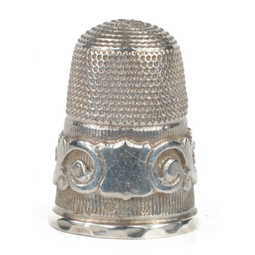 68 - James Fenton Sterling Silver Thimble. Birmingham 1909. Punched dome with band of embossed scrolls at... 